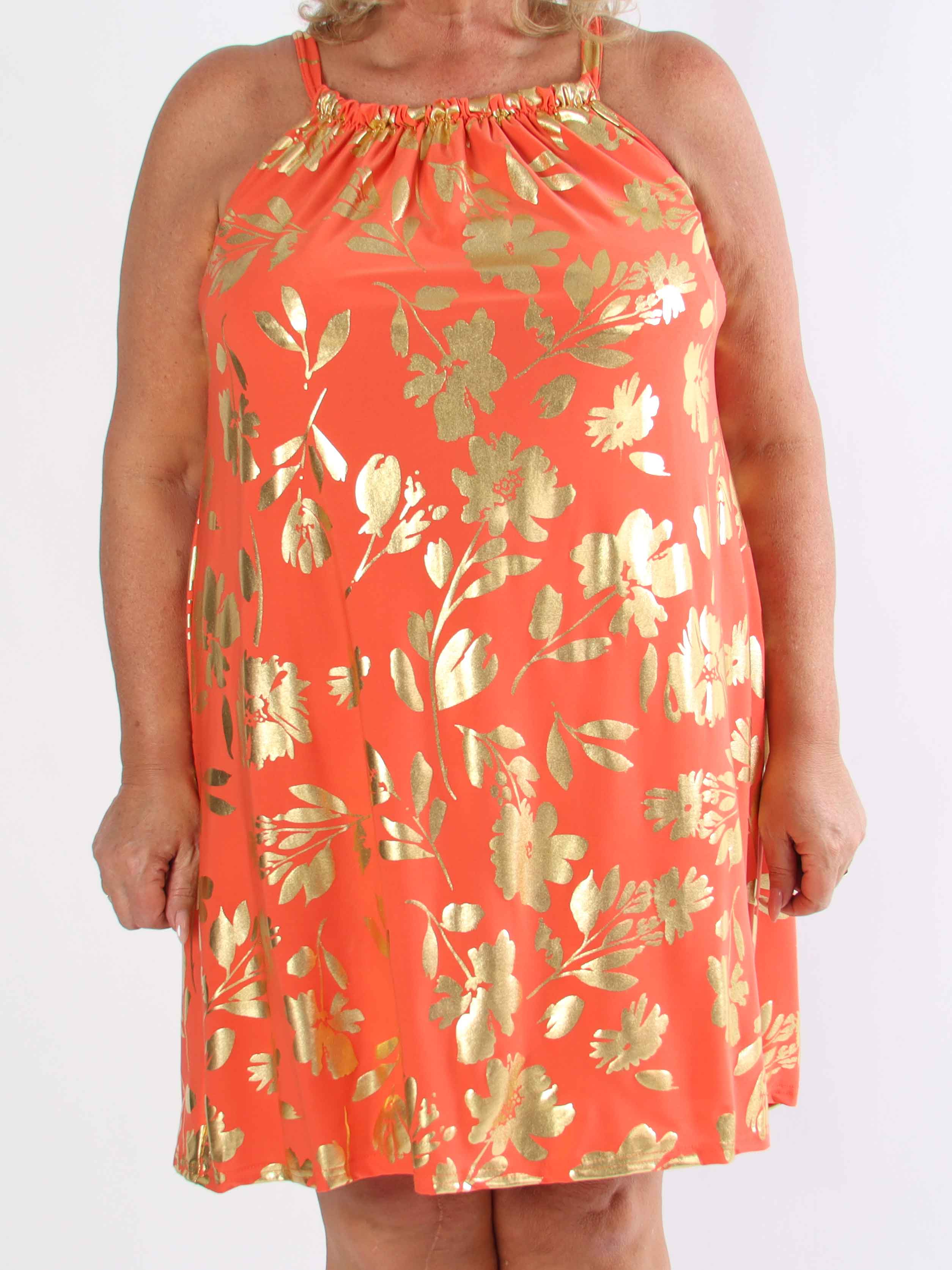 SunLove Gold Flower - Elastisk plus size stropkjole med store guldblade